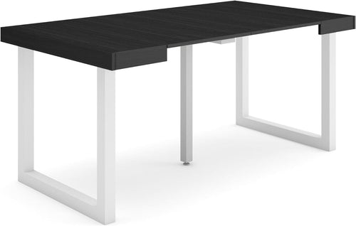 Extendable Folding Dining Table for 8, Black Wood, Solid Legs, Modern