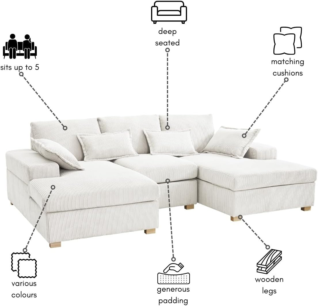 U-Shape Fabric Sofa Jumbo Cord 4-Seater Cream | Deep Seat + Optional Footstool