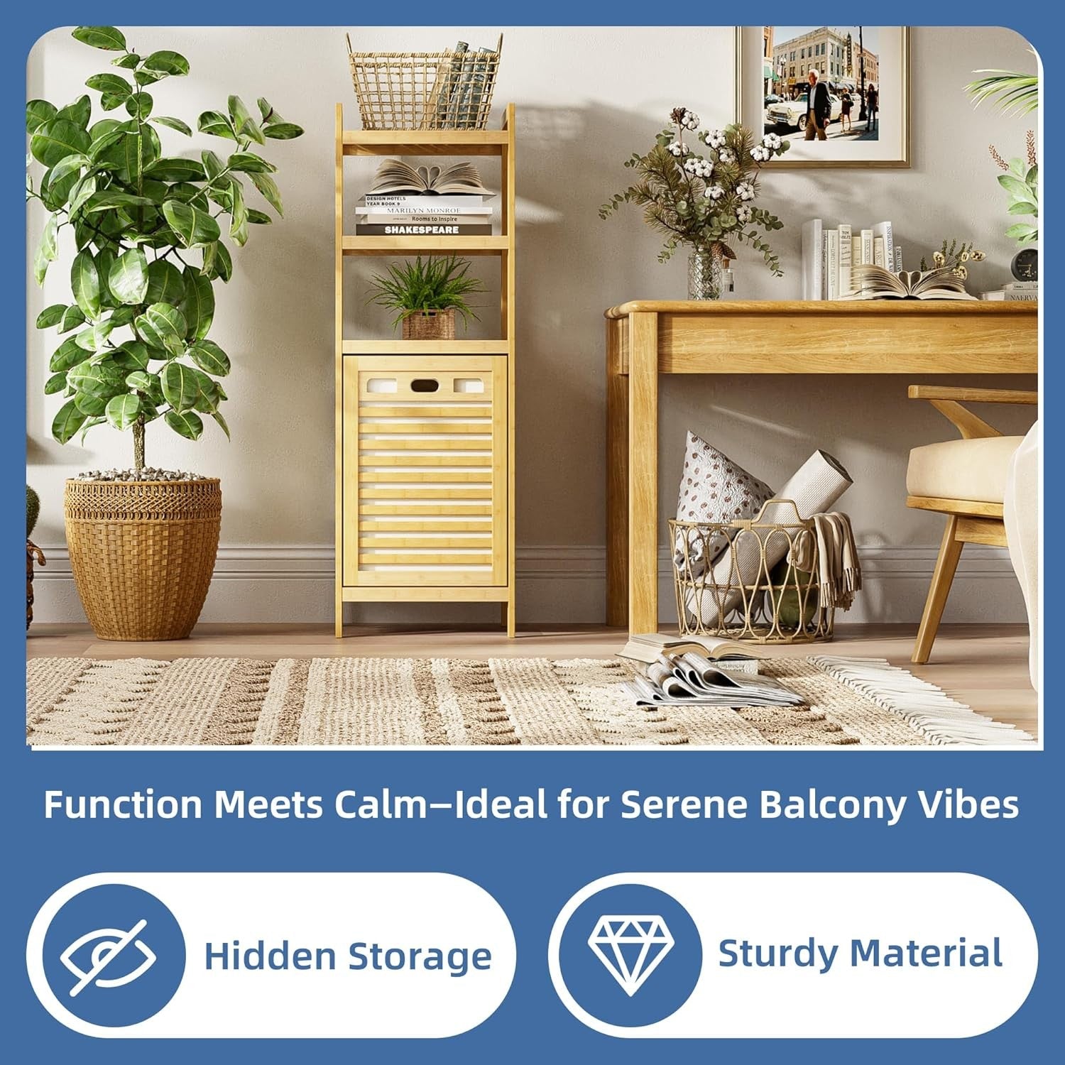 Natural Bamboo Tilt Out Laundry Hamper Cabinet 32L Basket with Shelves