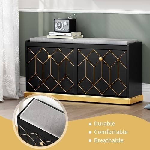 Black Shoe Storage Bench with Cushion Flip Drawer Modern Hallway Cabinet