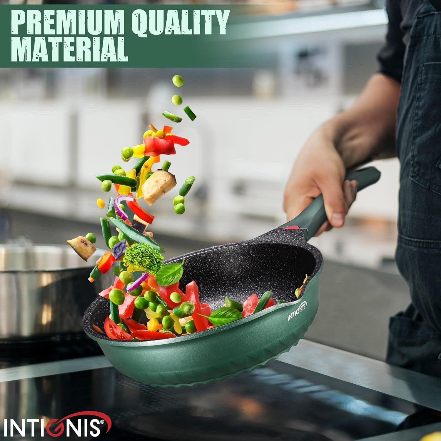 30cm Green Deep Non Stick Frying Pan with Lid  3in1 Skillet Sauté Pan & Mini Wok