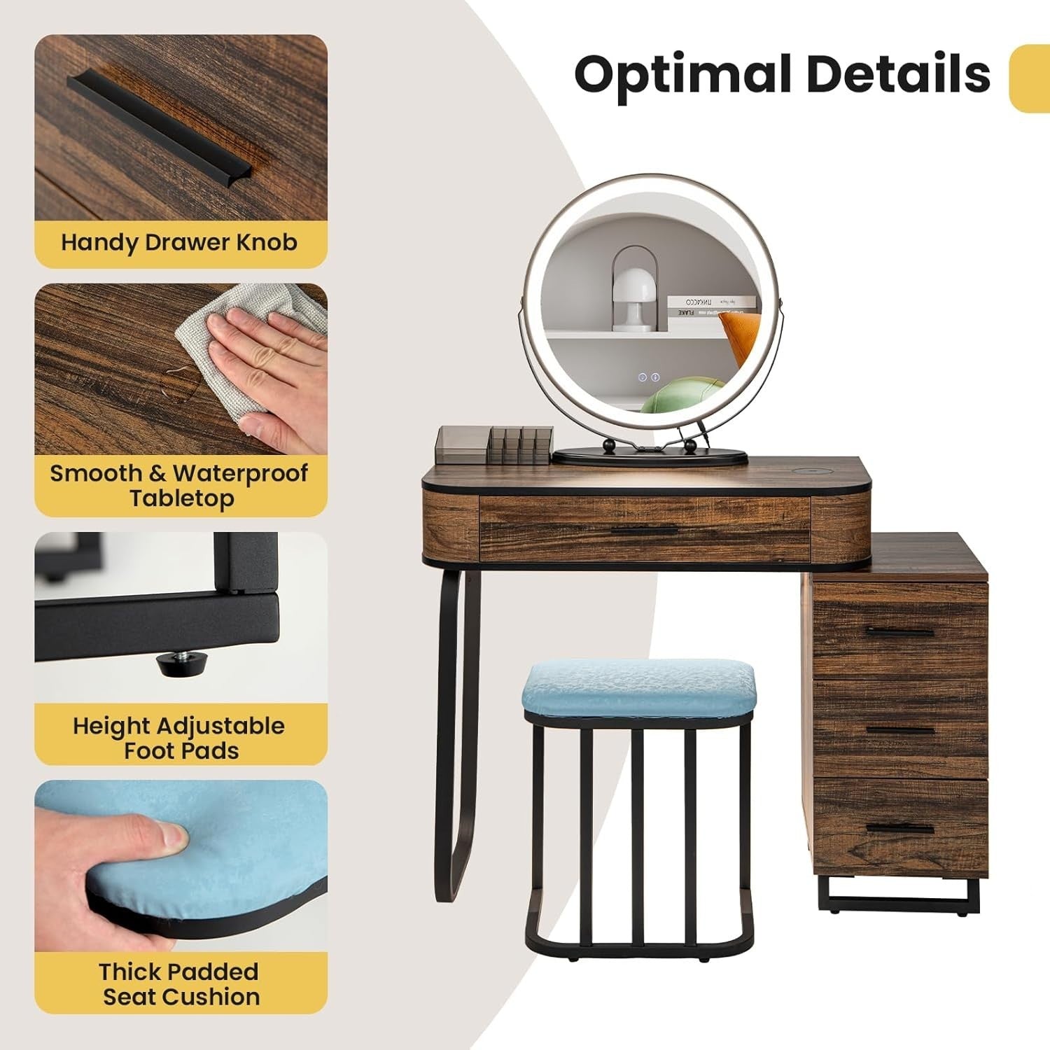 Vanity Makeup Dressing Table Stool Set LED Lighted Mirror Wireless Charger Brown