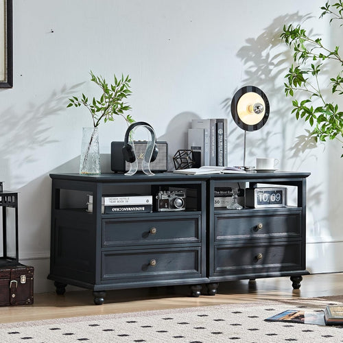 Modern Black Wooden Bedside Table with Drawers & Open Shelf