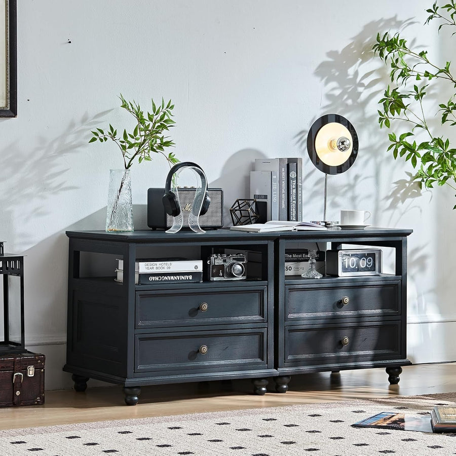 Modern Black Wooden Bedside Table with Drawers & Open Shelf