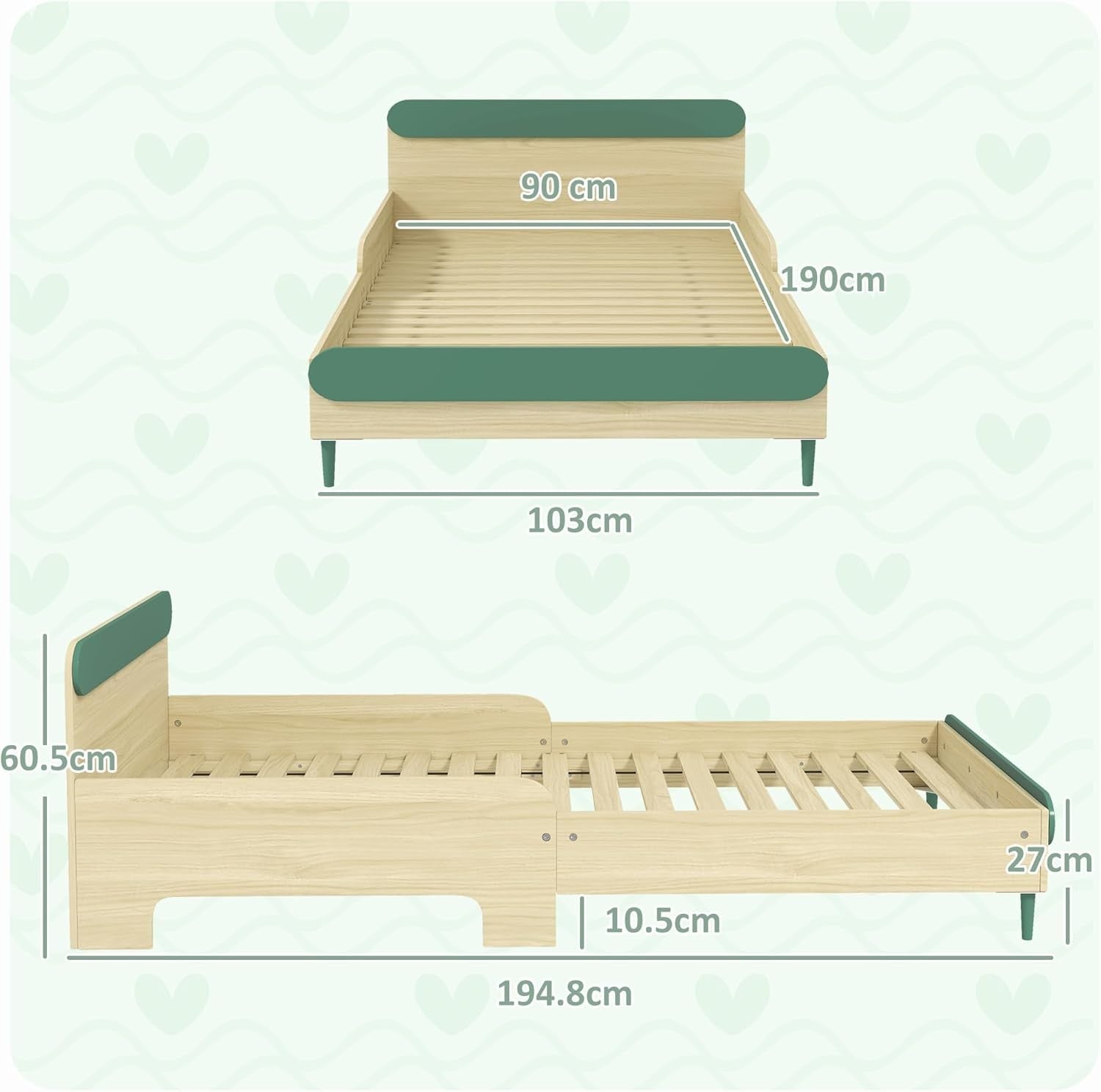 Toddler Bed with Safety Rail Montessori Kids Wooden Frame Green 195x103cm