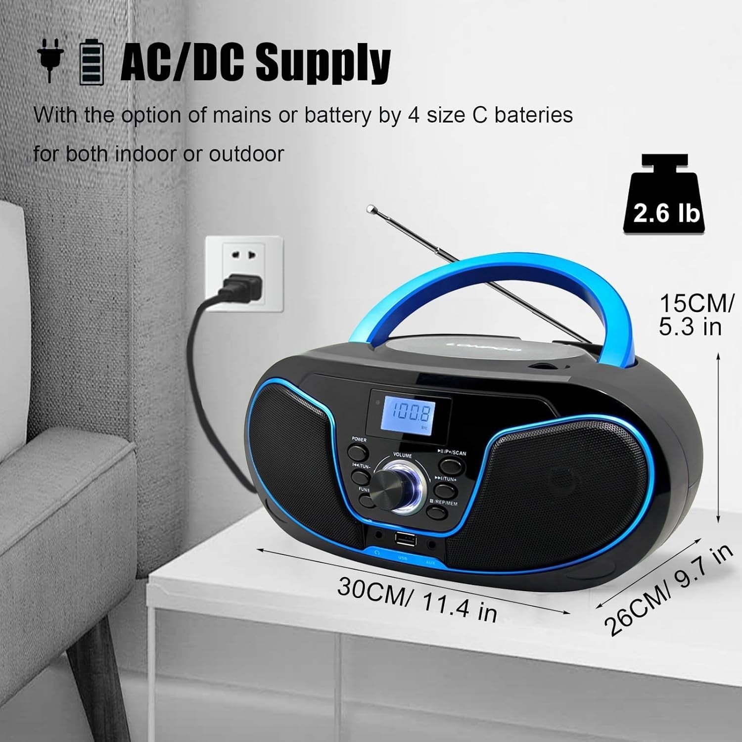 Portable Boombox CD Player Bluetooth FM Radio USB AUX Stereo Blue