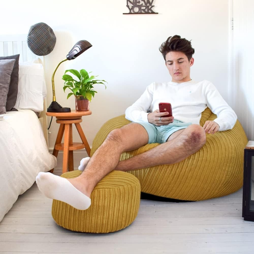 Large Corduroy Bean Bag Chair Mustard Adult Gaming Lounge Seat Washable