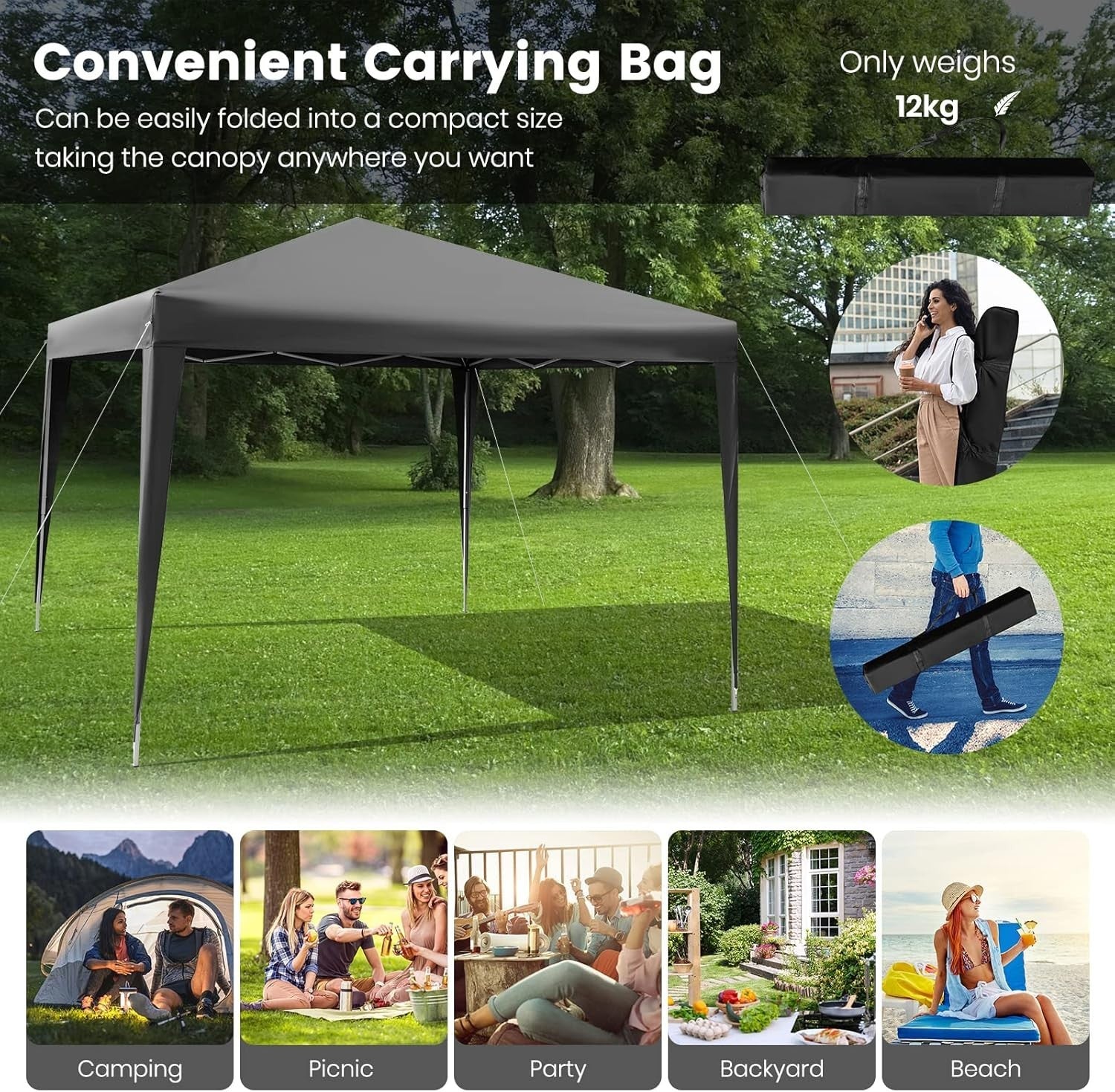 3x3m Pop Up Gazebo Adjustable Waterproof Outdoor Canopy w/ Bag Grey