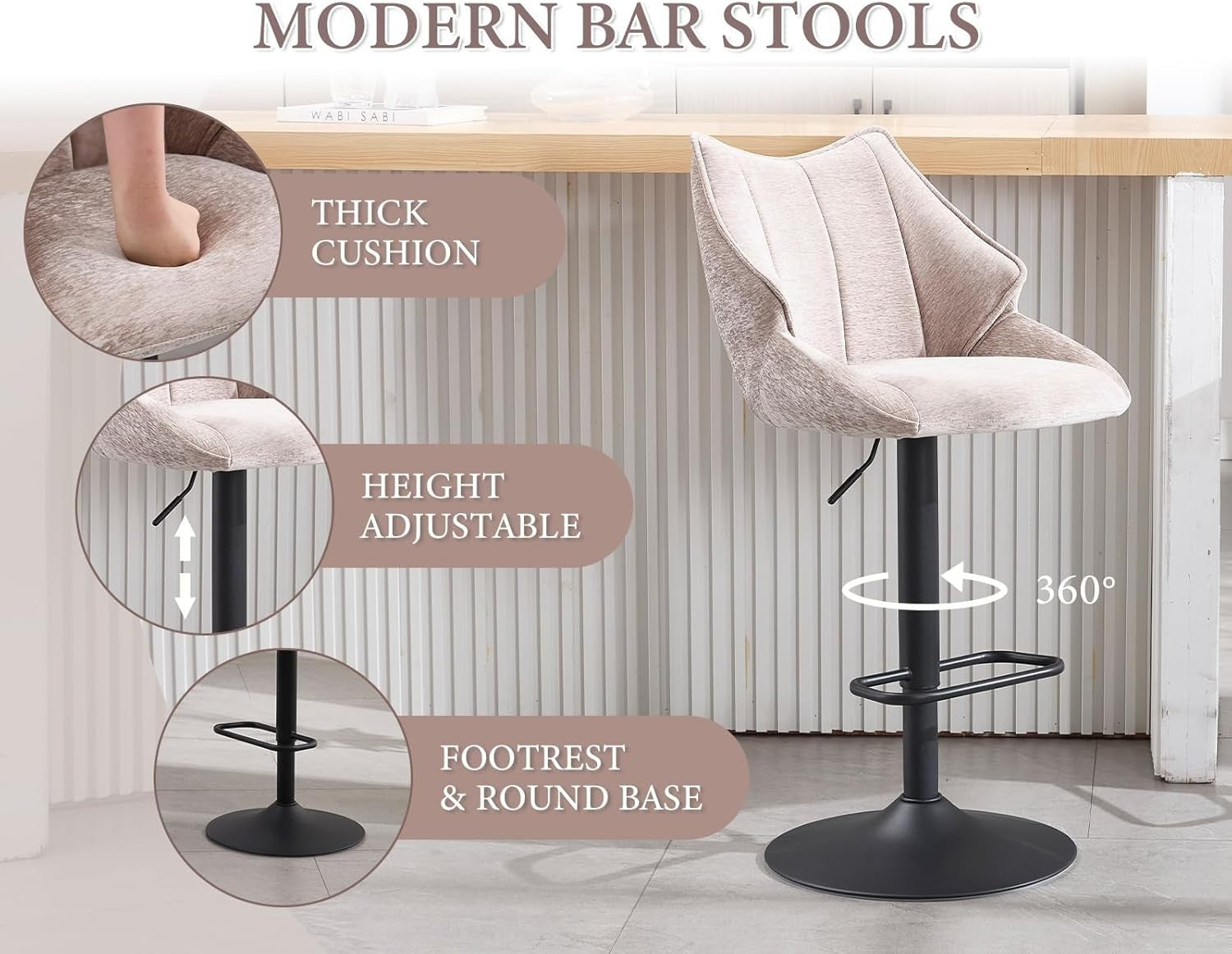 Oatmeal Chenille Bar Stool Set of 2 Adjustable Swivel Kitchen Counter Chairs