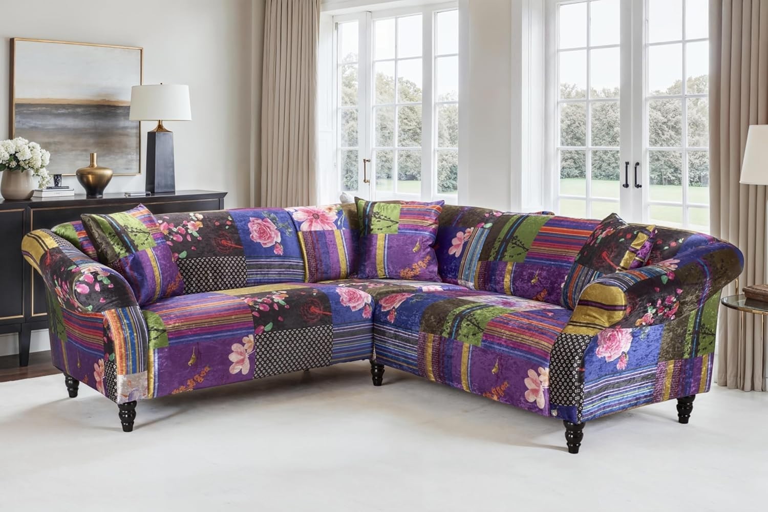 Vibrant Multicolour 5-Seater Corner Sofa in Plush Velvet with Solid Wood Frame