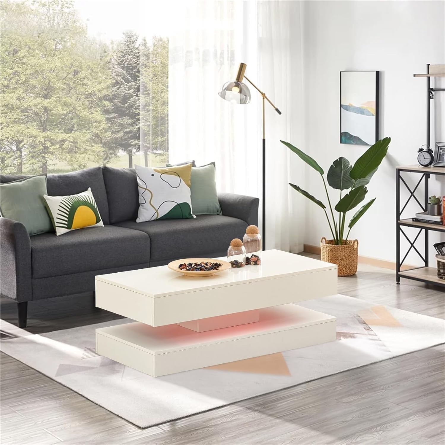 White LED Coffee Table High Gloss 2 Drawer Storage Modern Living Room