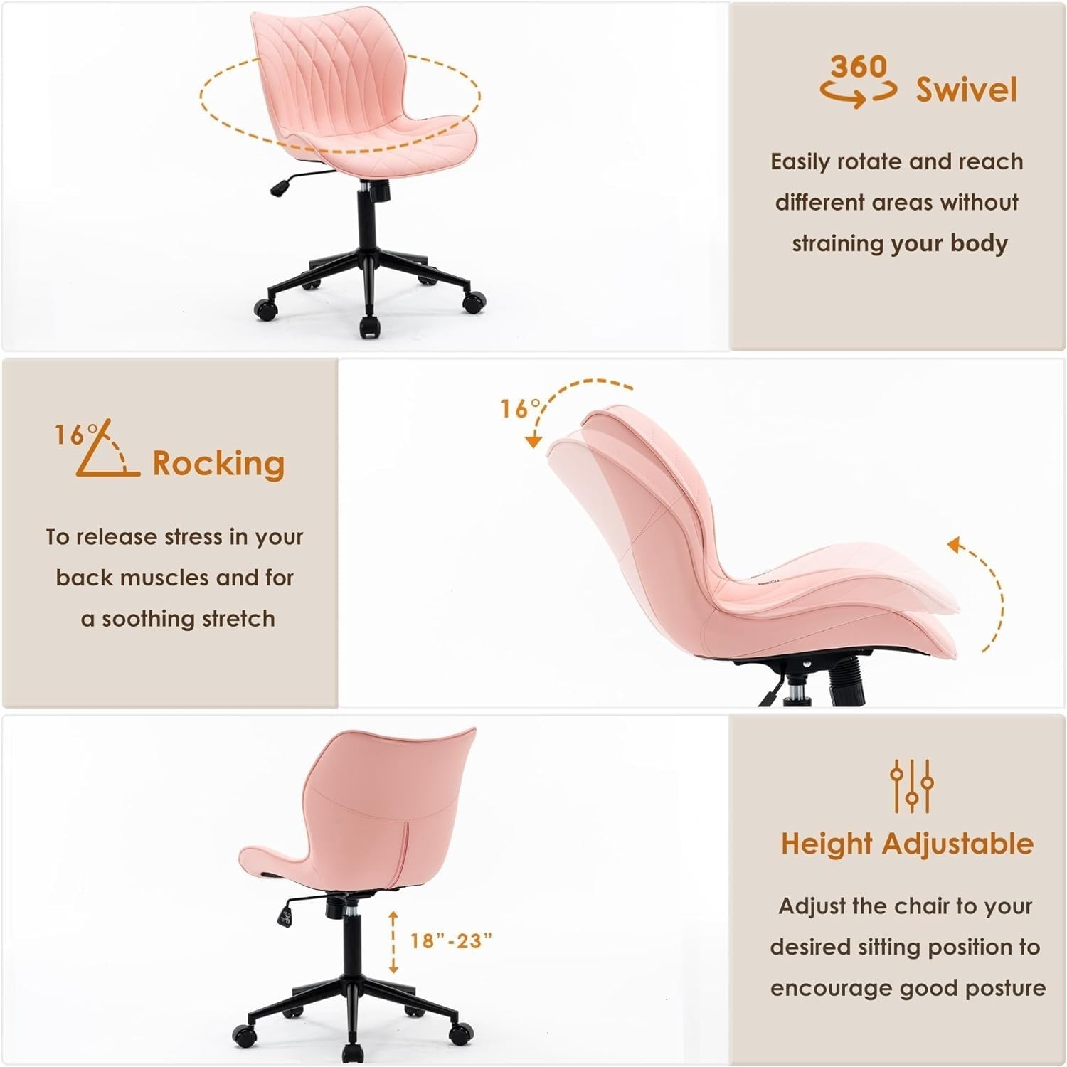 Pink Armless Swivel Office Desk Chair Ergonomic Faux Leather Adjustable Rocking