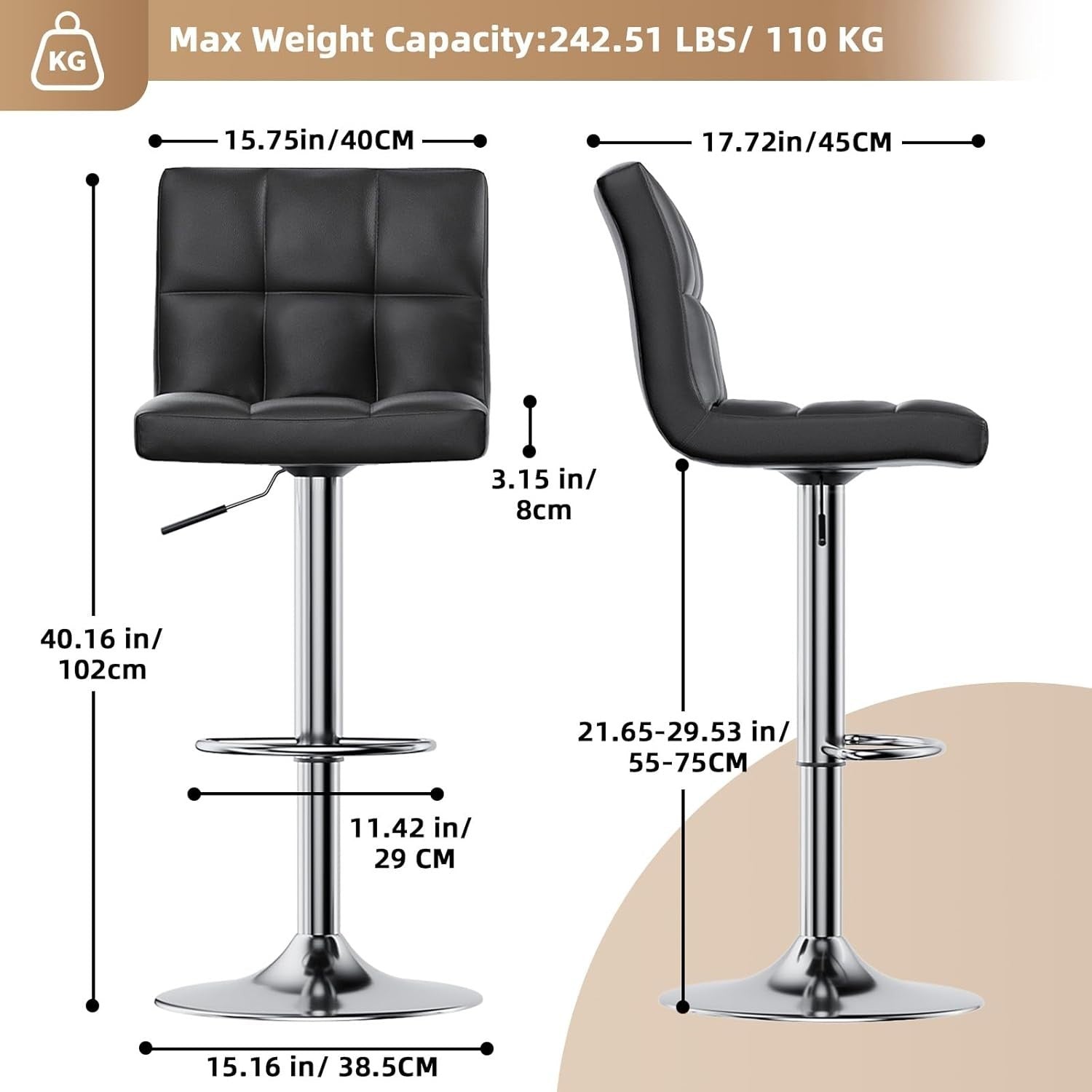 Adjustable Swivel Bar Stools Set of 2 Faux Leather Counter Chairs Black