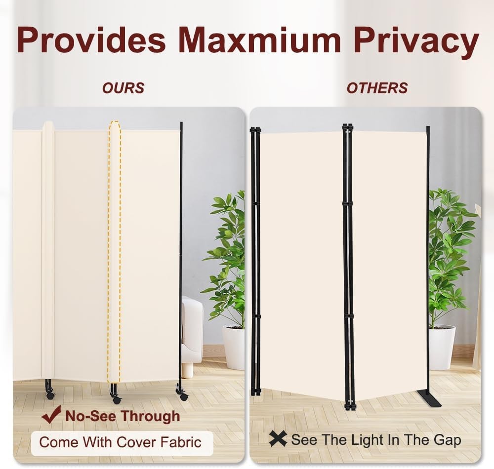6 Panel Room Divider Folding Privacy Screen with Lockable Wheels – Large Beige P