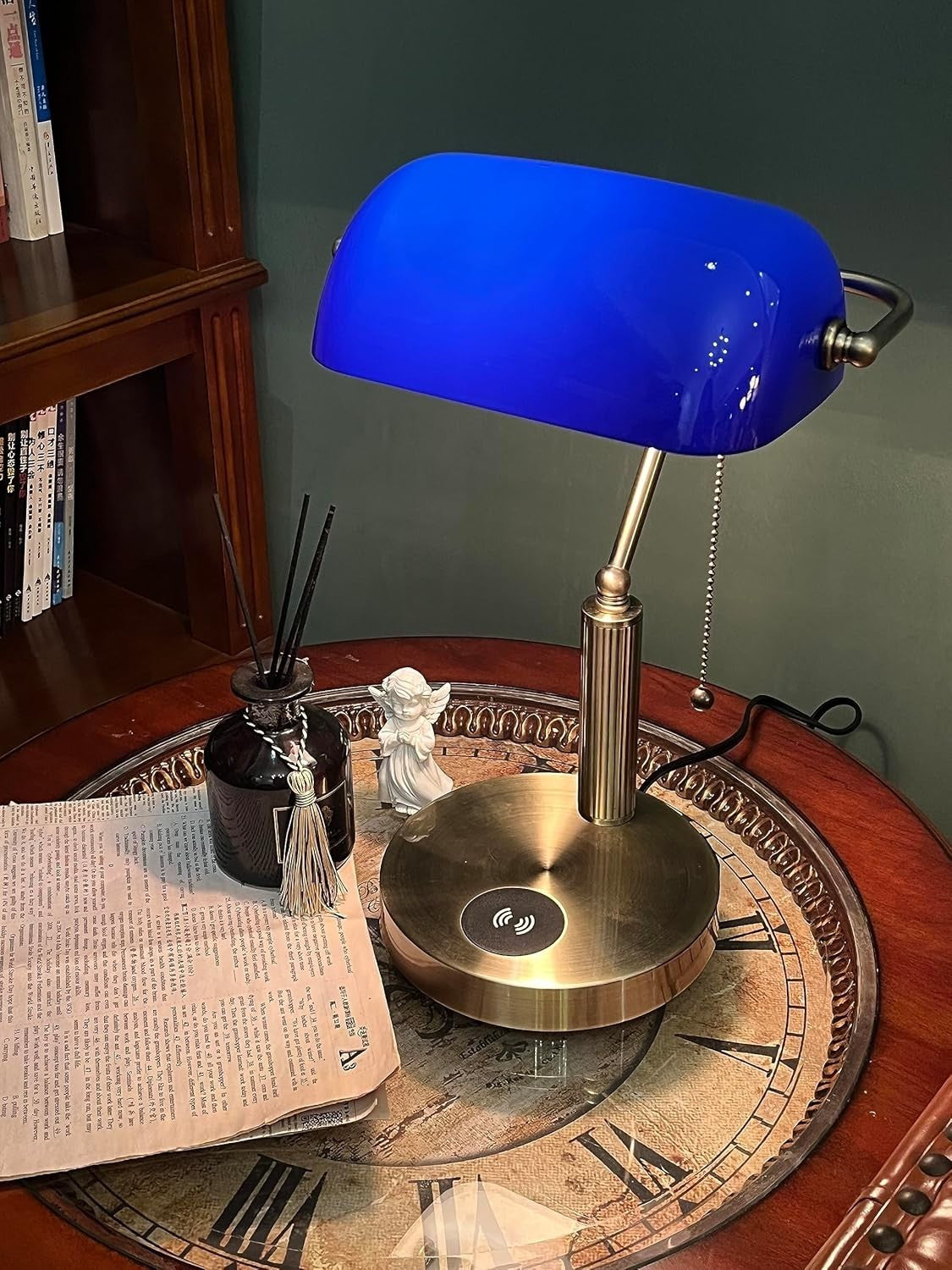Blue Glass Desk Lamp with Wireless Charger & USB Port, Retro Style
