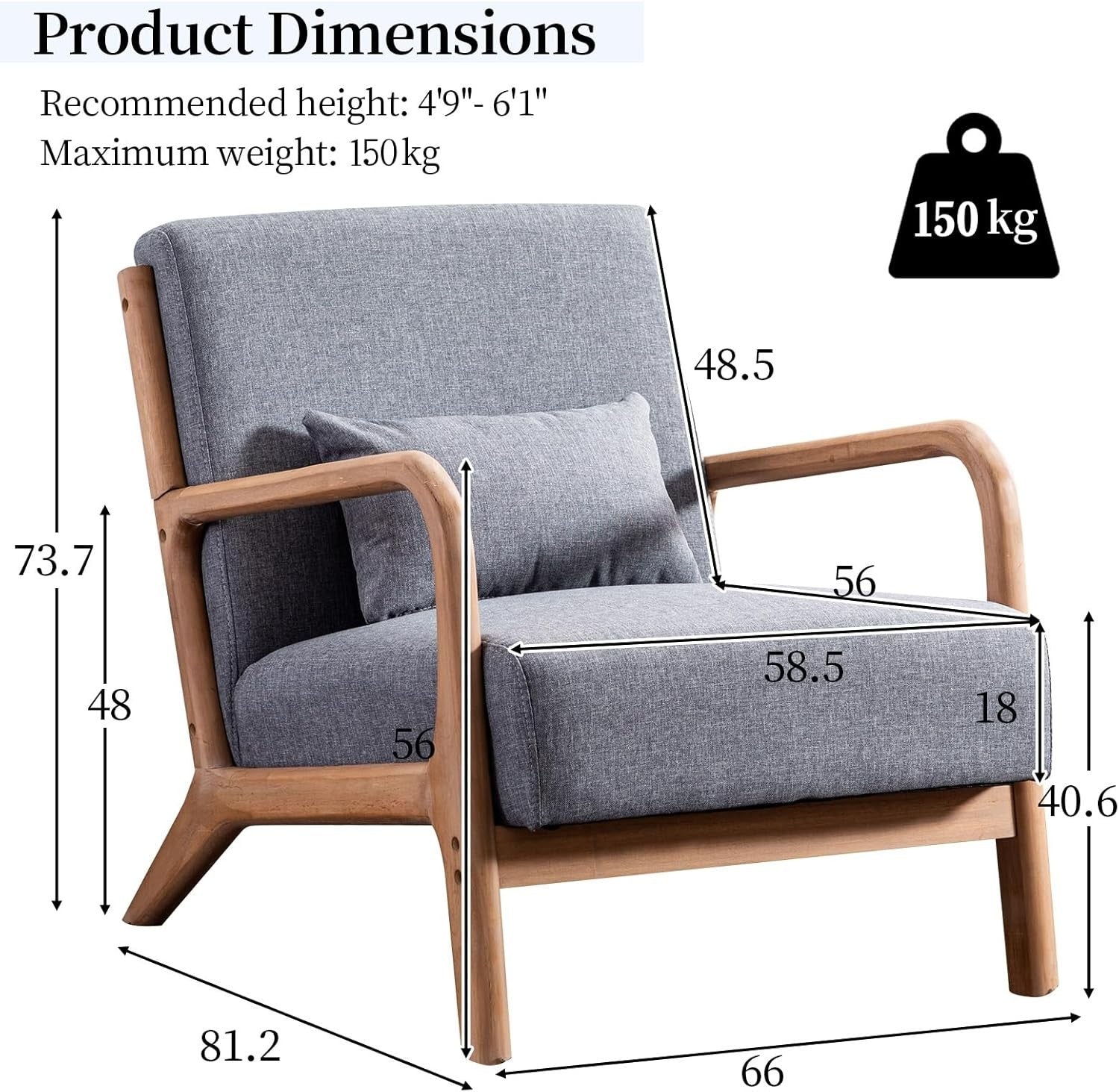Modern Mid-Century Accent Armchair Grey High Back Foam Cushion Wood Legs