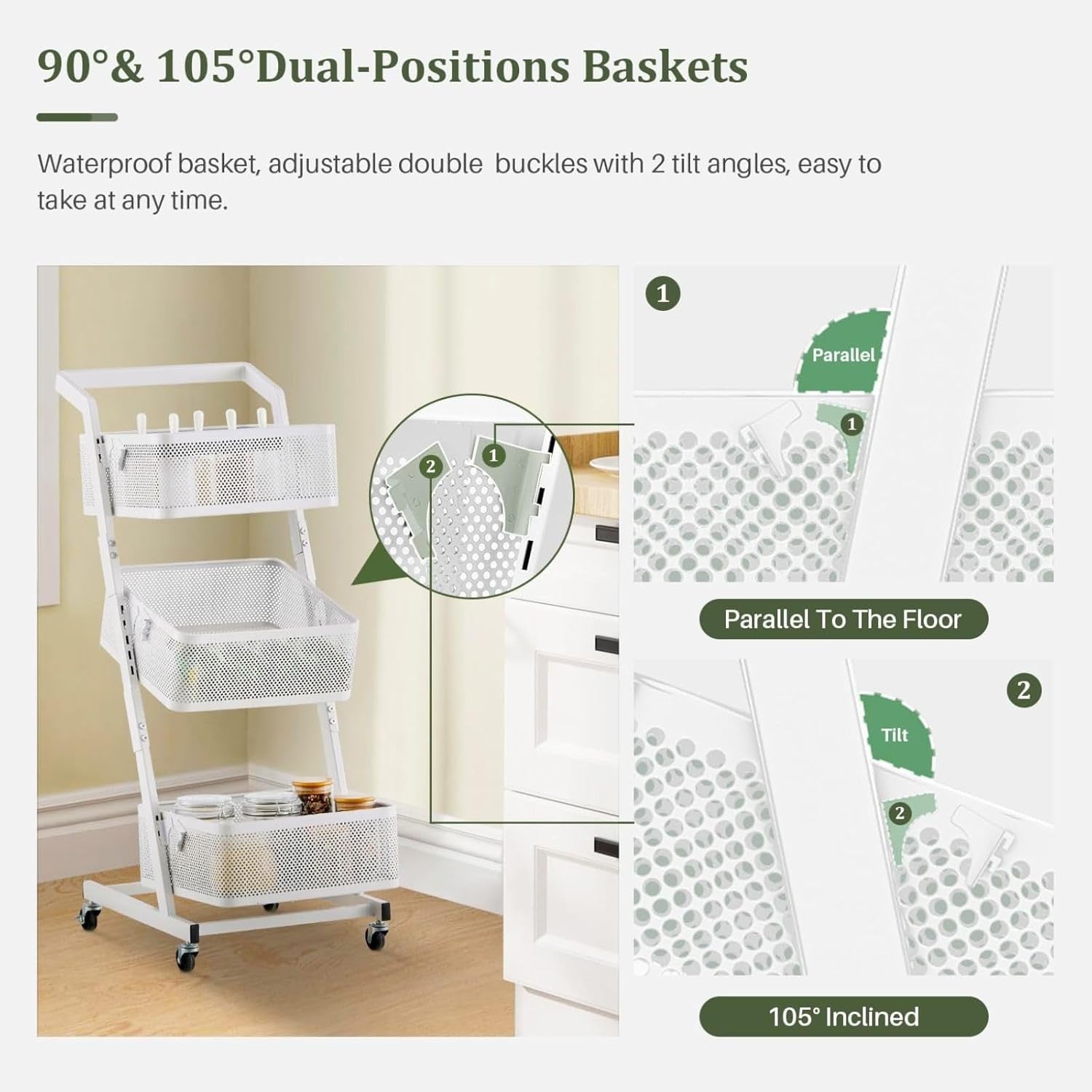 3 Tier Rolling Storage Trolley Metal Basket Organizer with Wheels White