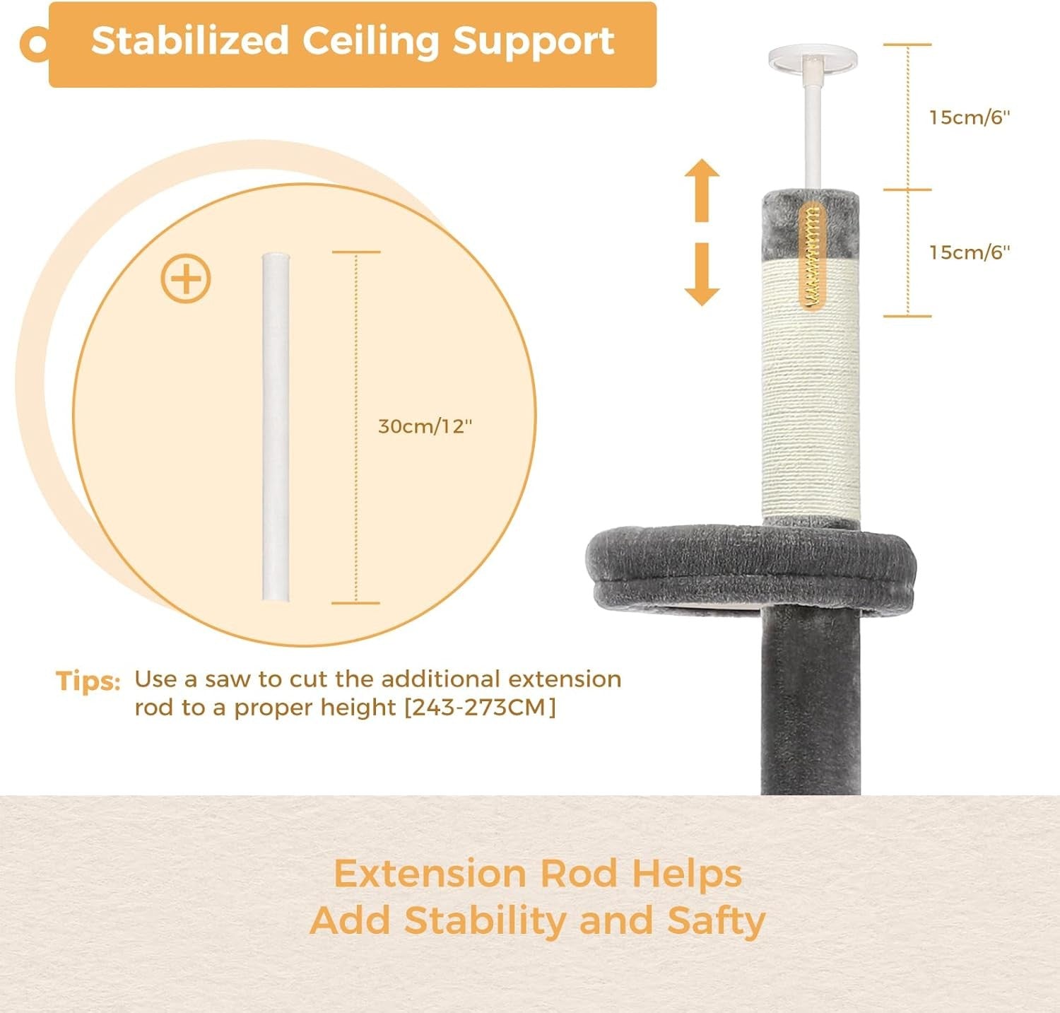 Floor to Ceiling Cat Tree Tower Adjustable 243–273cm 5 Tier Scratching