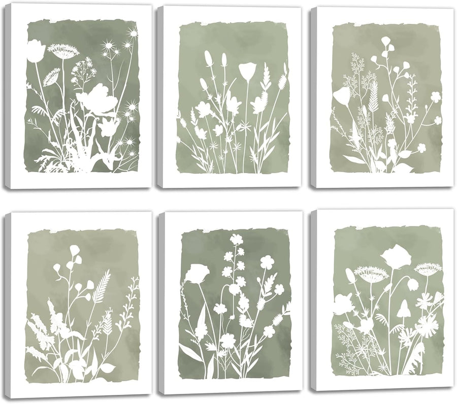 Boho Wildflower Canvas Wall Art Set 6 Framed 20x25cm