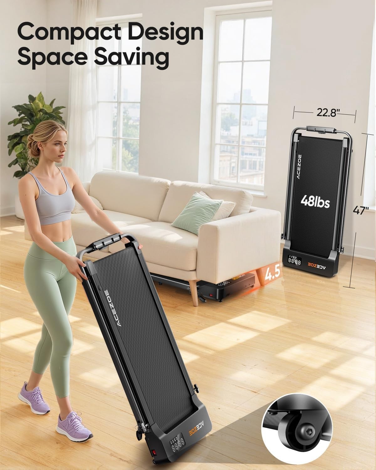 Foldable Home Treadmill 2-in-1 Walking Running Pad 10% Incline LED App Remote