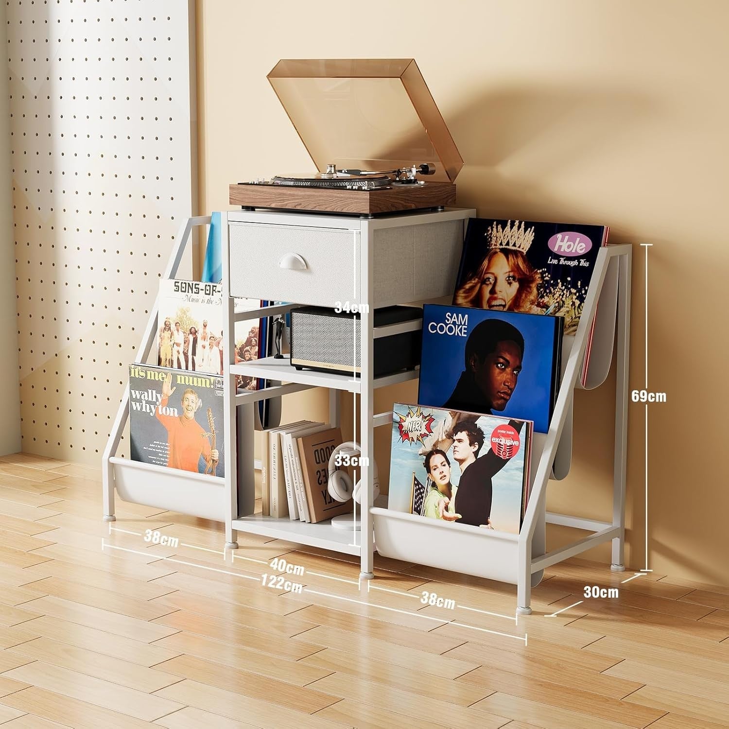 Vinyl Record Player Stand Storage Cabinet Holds 280 Albums White