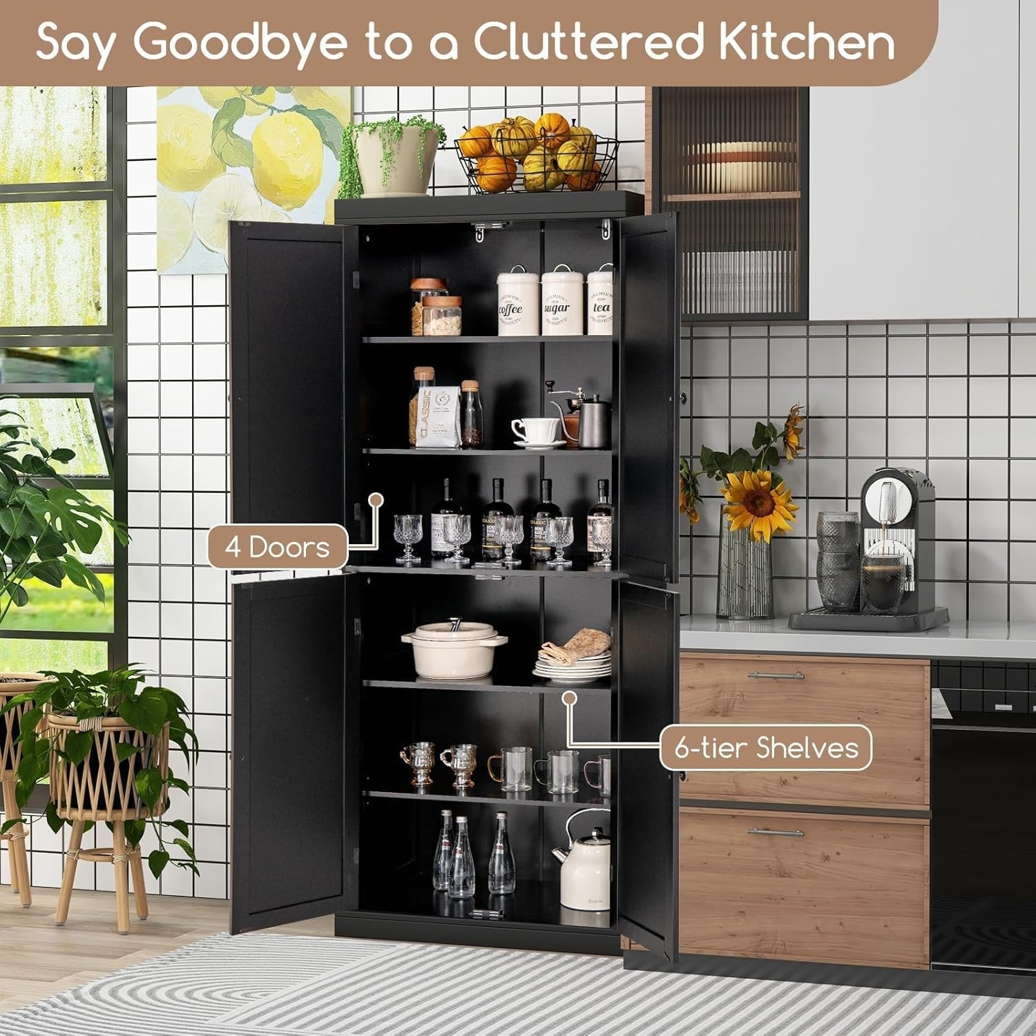 Tall Black Kitchen Cupboard 4 Door Pantry Storage Cabinet Adjustable
