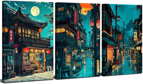 Japanese Anime Tokyo Night Wall Art Set of 3 Framed 12x16in