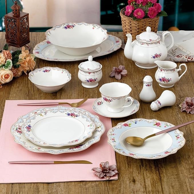 57pc Bone China Dinnerware Set Floral Gold Trim Plates Cups Serving Set