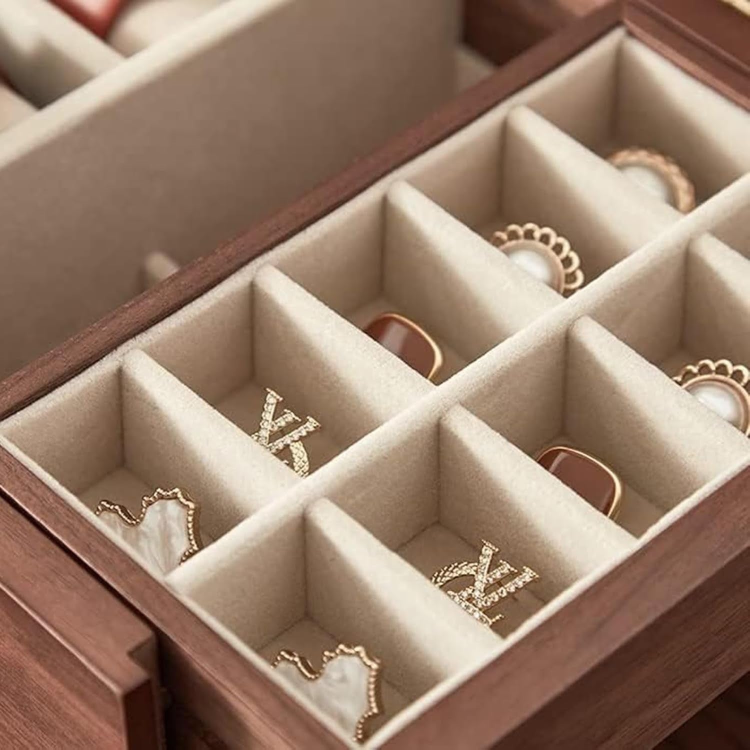 Luxury Walnut Jewelry Organizer Box 3 Tier Mirror Brass Handle Storage