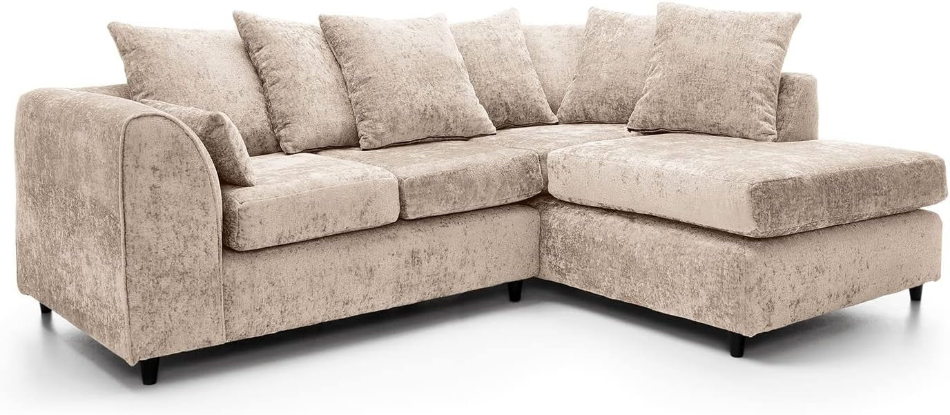Cream L-Shaped Chenille Sofa 3-Seater Foam Cushions Modern Living Room