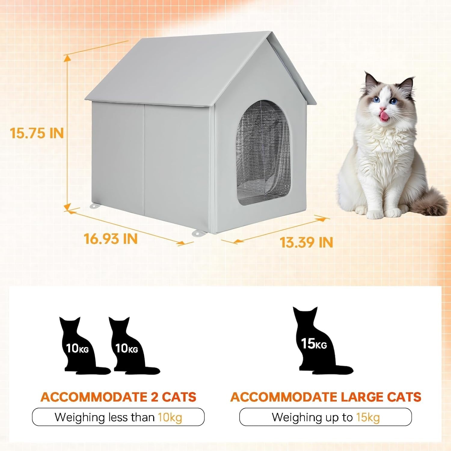 Outdoor Insulated Cat House Waterproof Feral Shelter with Removable Mat Grey