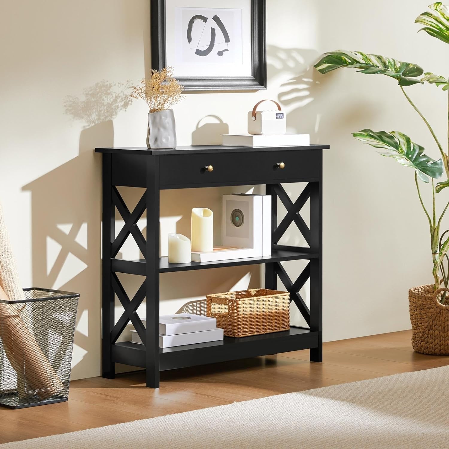 Compact Console Table with Drawer & 2 Shelves, Black, 80x30x80cm, Slim