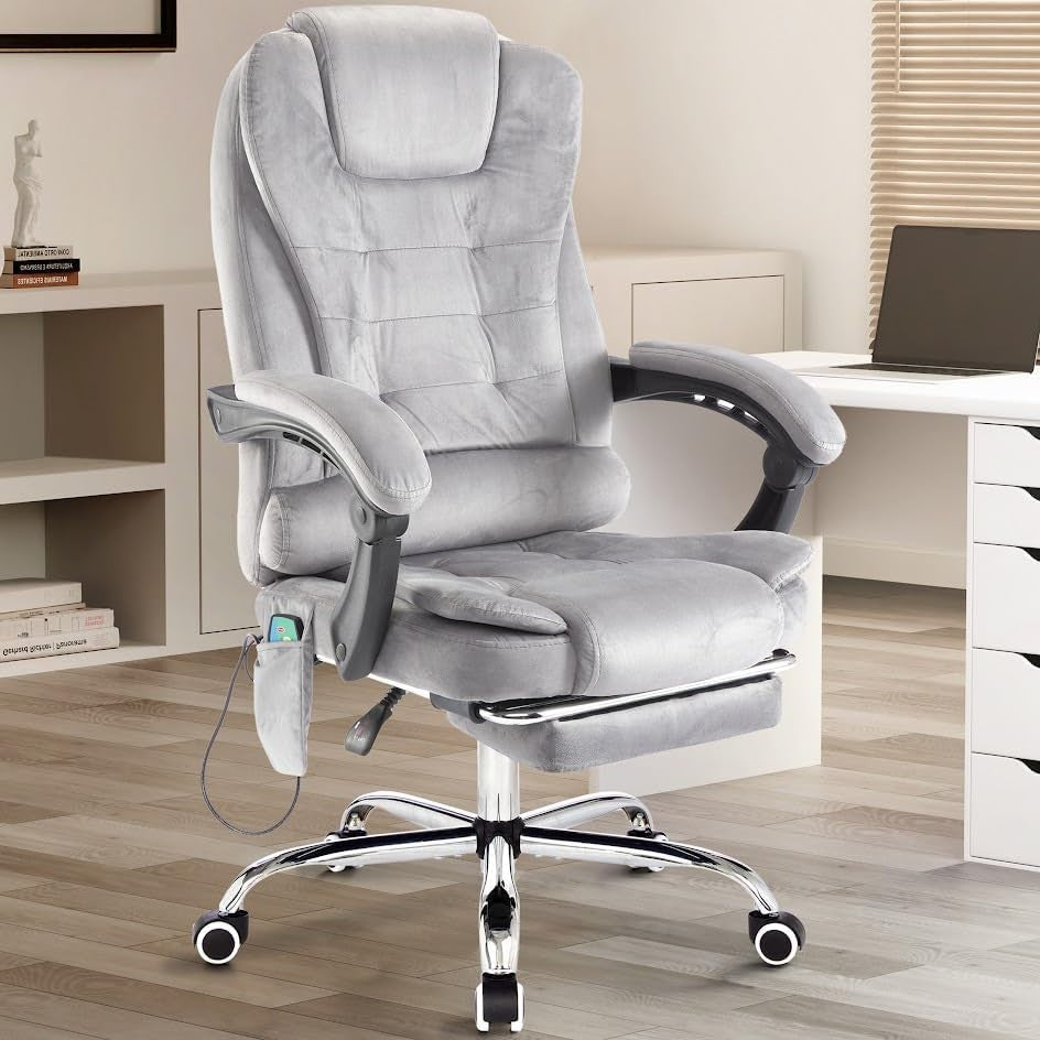 Velvet Grey Executive Office Chair Recliner Footrest Ergonomic Swivel Desk Lumba