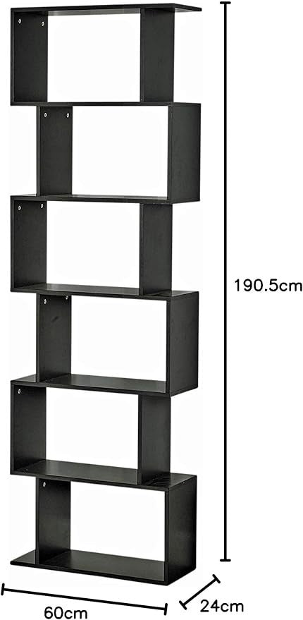URBNLIVING Wooden S-Shaped Display Bookcase Storage Divider Unit (Black, 6 Tier)