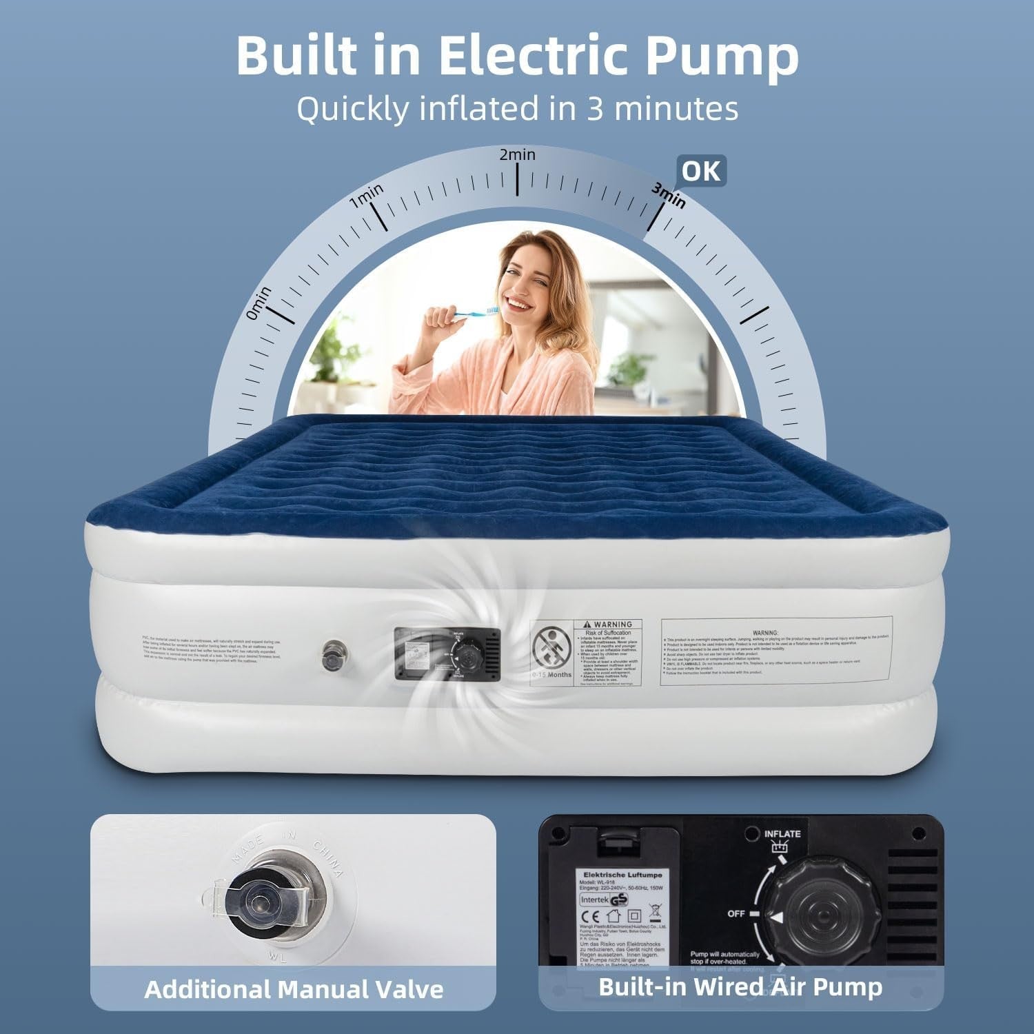 King Air Mattress Double Bed Built-In Pump Quick Inflate 203x152x46cm