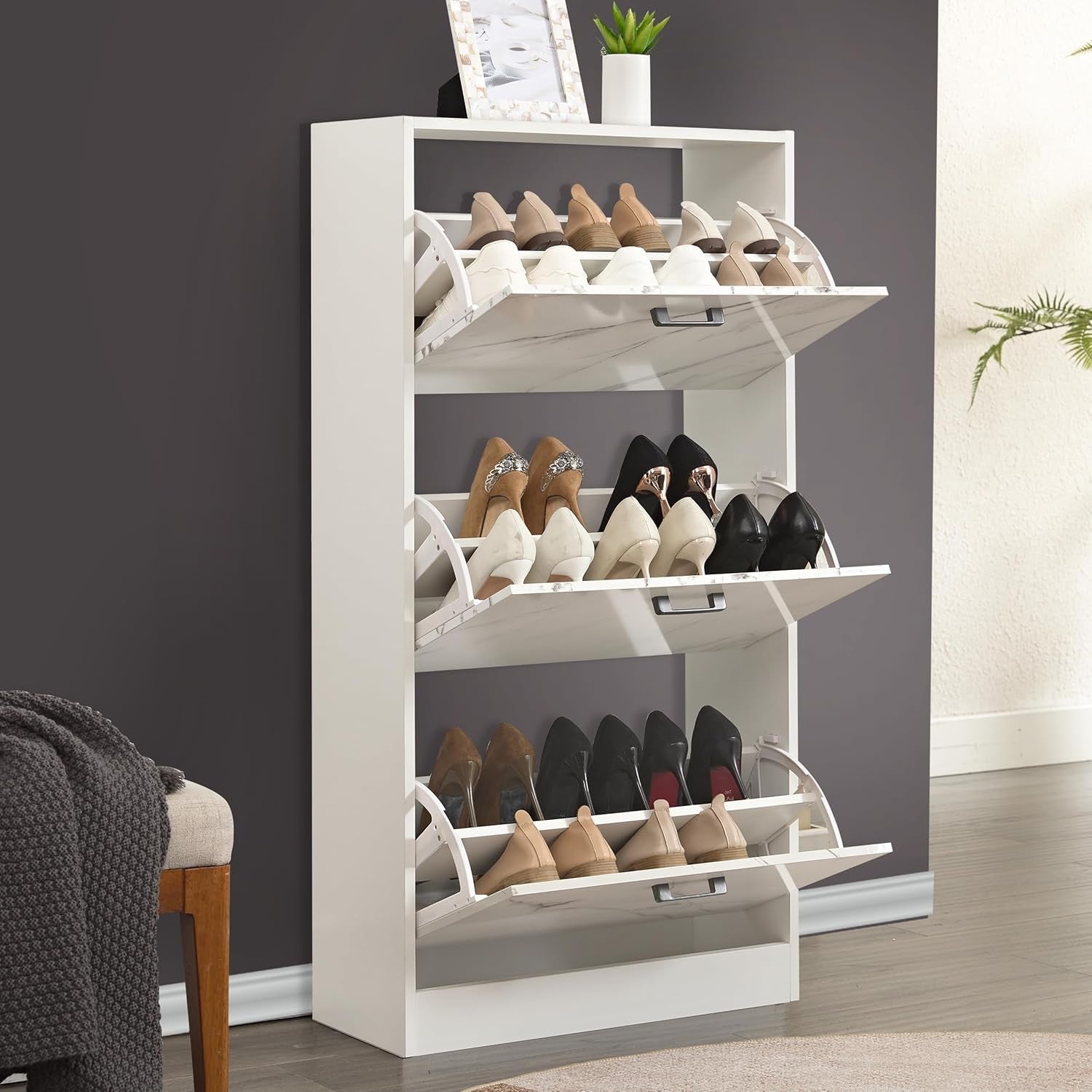 Marble White 3 Drawer Shoe Cabinet Modern Slim Storage Unit Hallway
