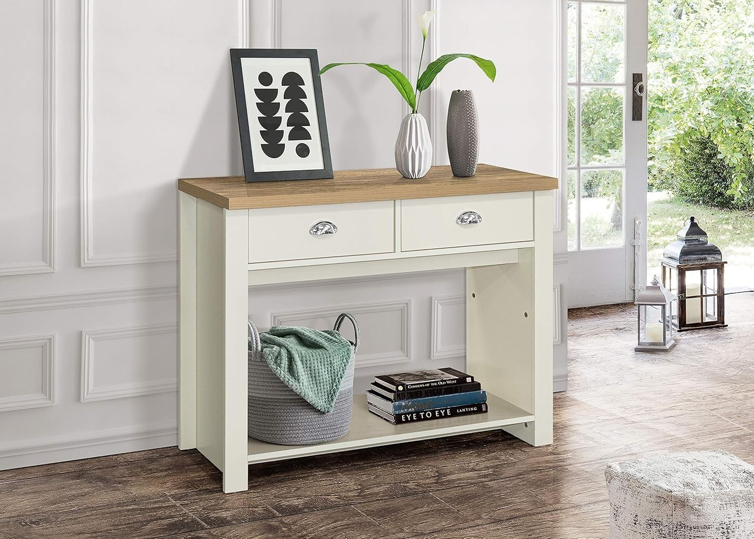 Cream 2 Drawer Console Table Oak Top - Farmhouse Style Storage Shelf