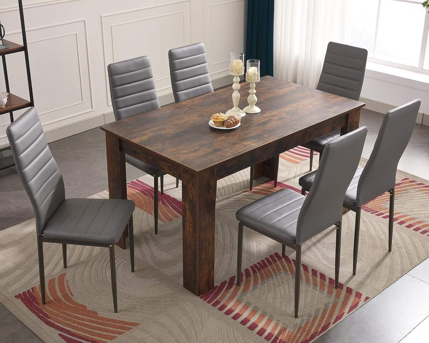 Modern 6-Piece PU Leather Dining Table Set Grey Chairs 140x80x75cm