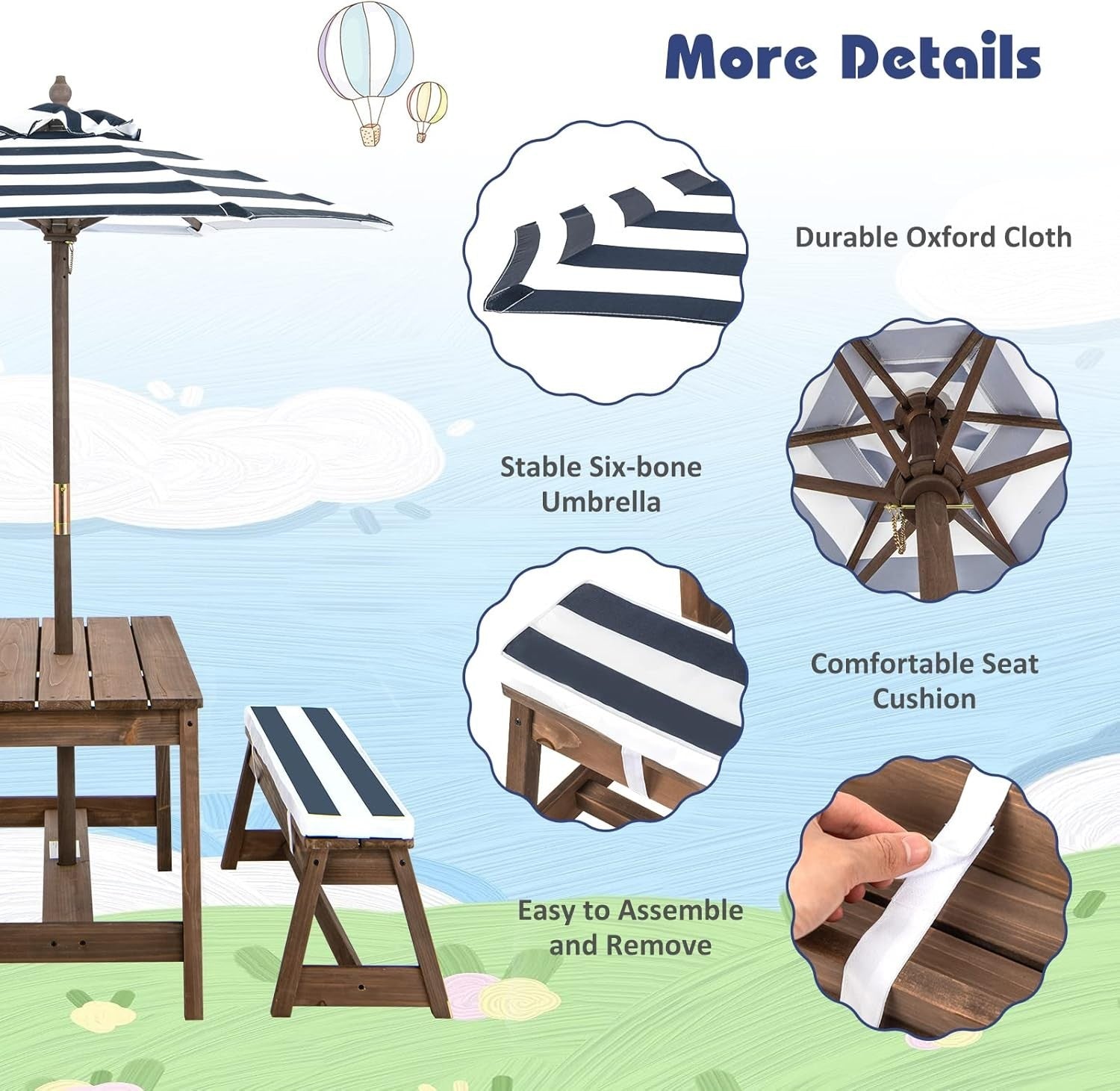 Kids Wooden Picnic Table Set with Cushions & Removable Umbrella, Blue