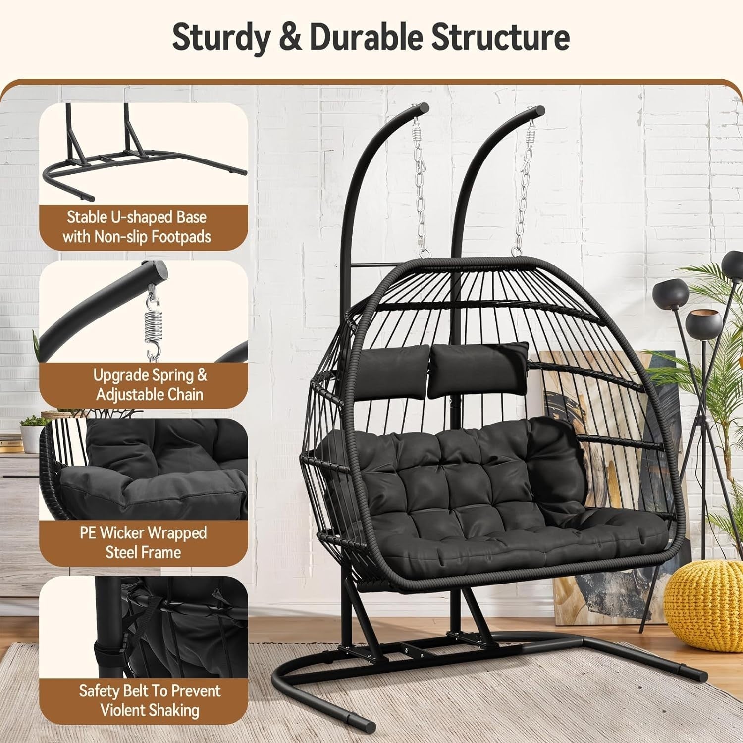 Double Egg Swing Chair with Stand Cushioned Rattan Hanging Seat Garden Patio