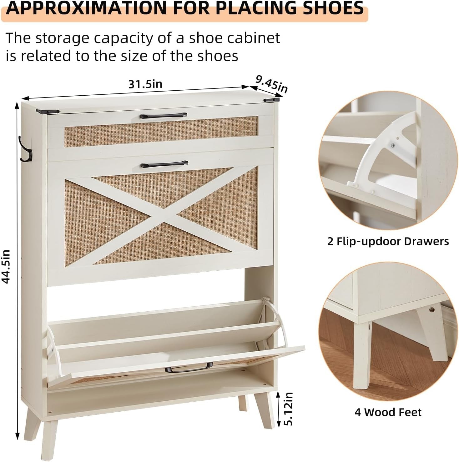 Slim White Shoe Cabinet with Bamboo Mesh – Stylish, Space-Saving Storage