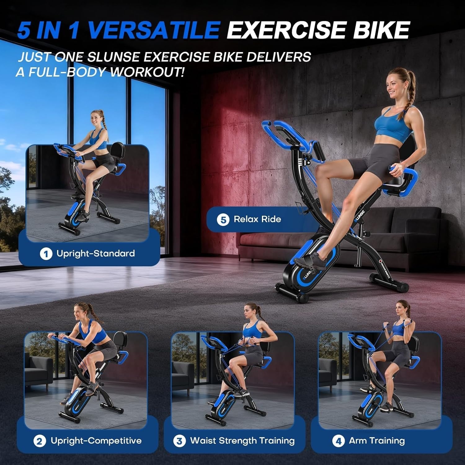 SLUNSE 5-in-1 Folding Exercise Bike, 16-Level Magnetic Resistance, 350lbs