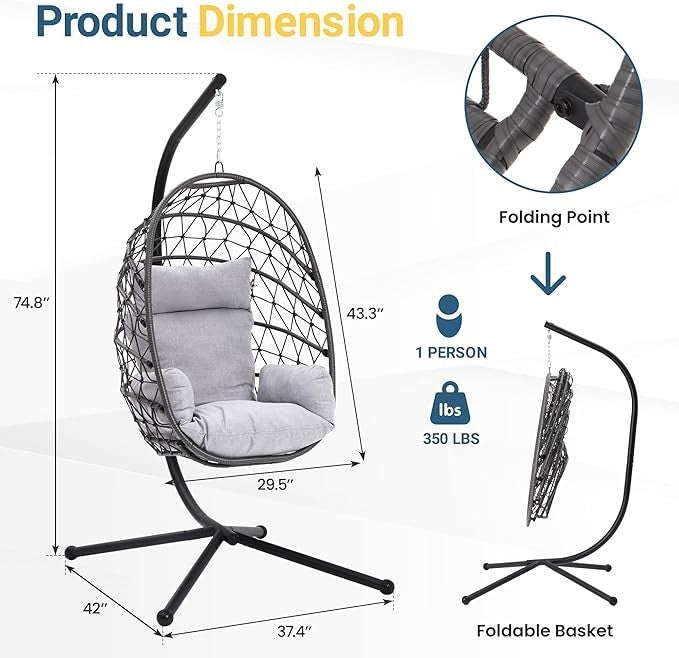 Luxury Hanging Egg Chair with Stand Indoor Outdoor Swing Seat 350lbs
