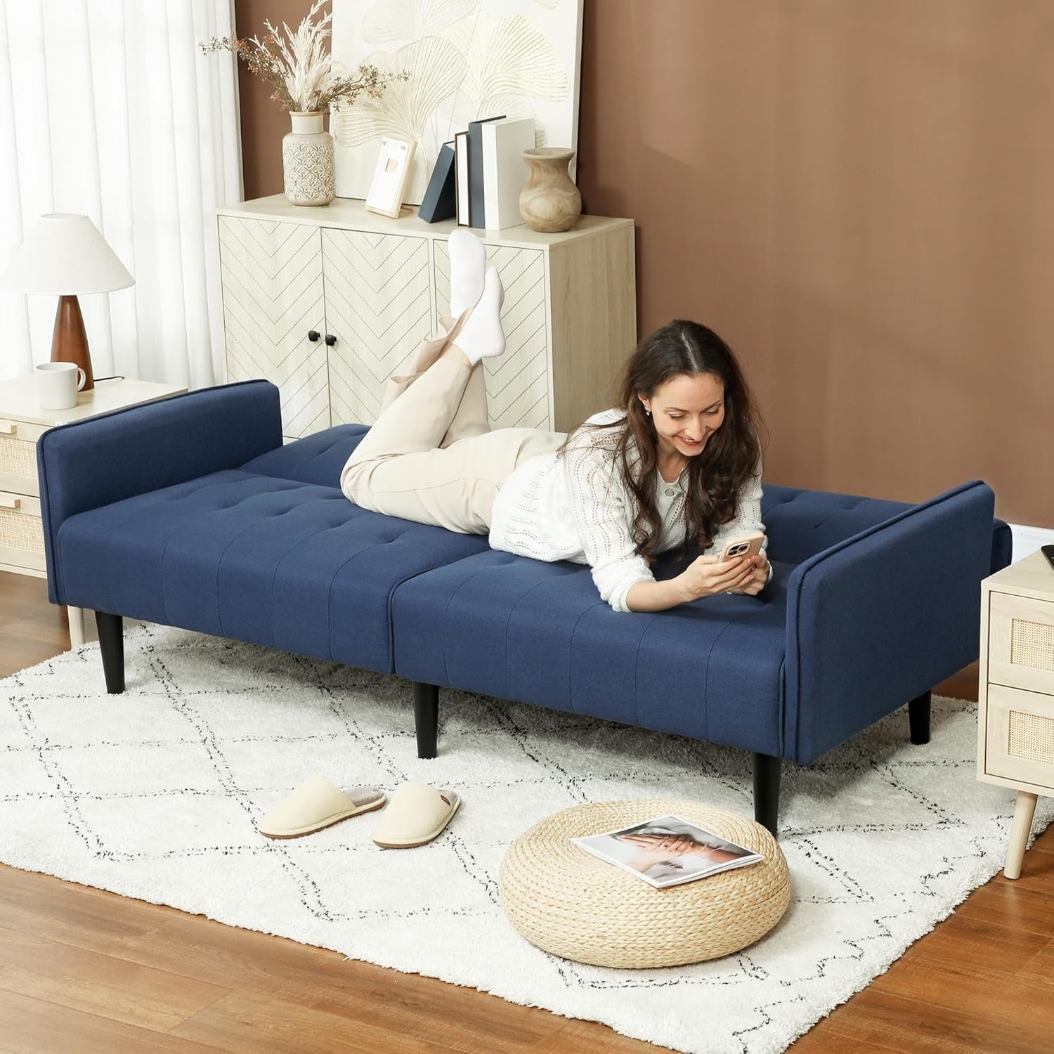 Click Clack Sofa Bed 3 Seater Dark Blue Linen Couch w/ Cup Holders