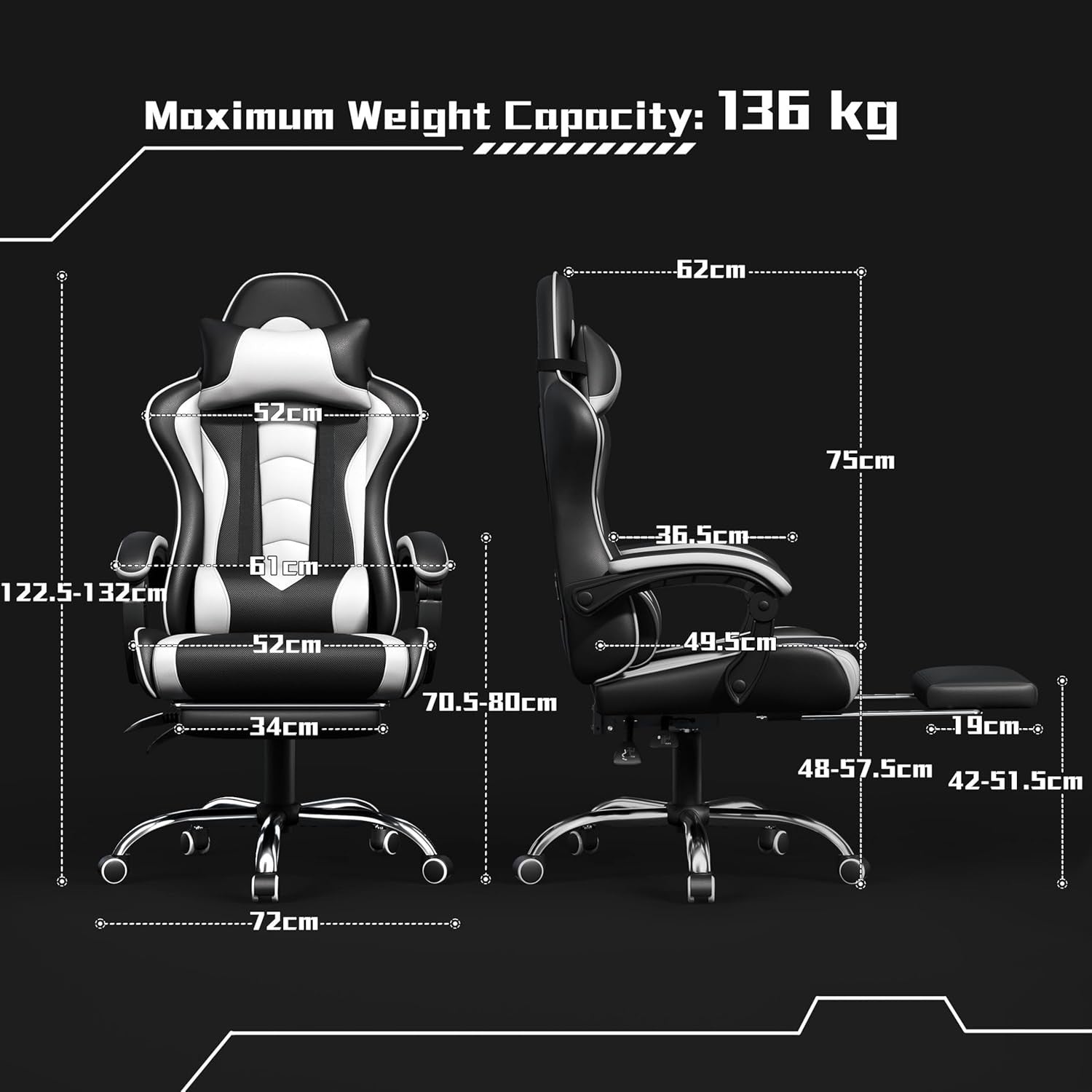 Gaming Chair Office Desk Large PU Leather Recliner w/ Footrest Lumbar Massage