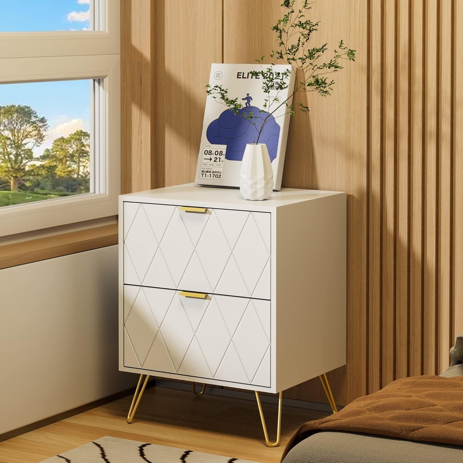 Set of 2 White Bedside Tables with Gold Legs | Modern 2 Drawer Nightstands