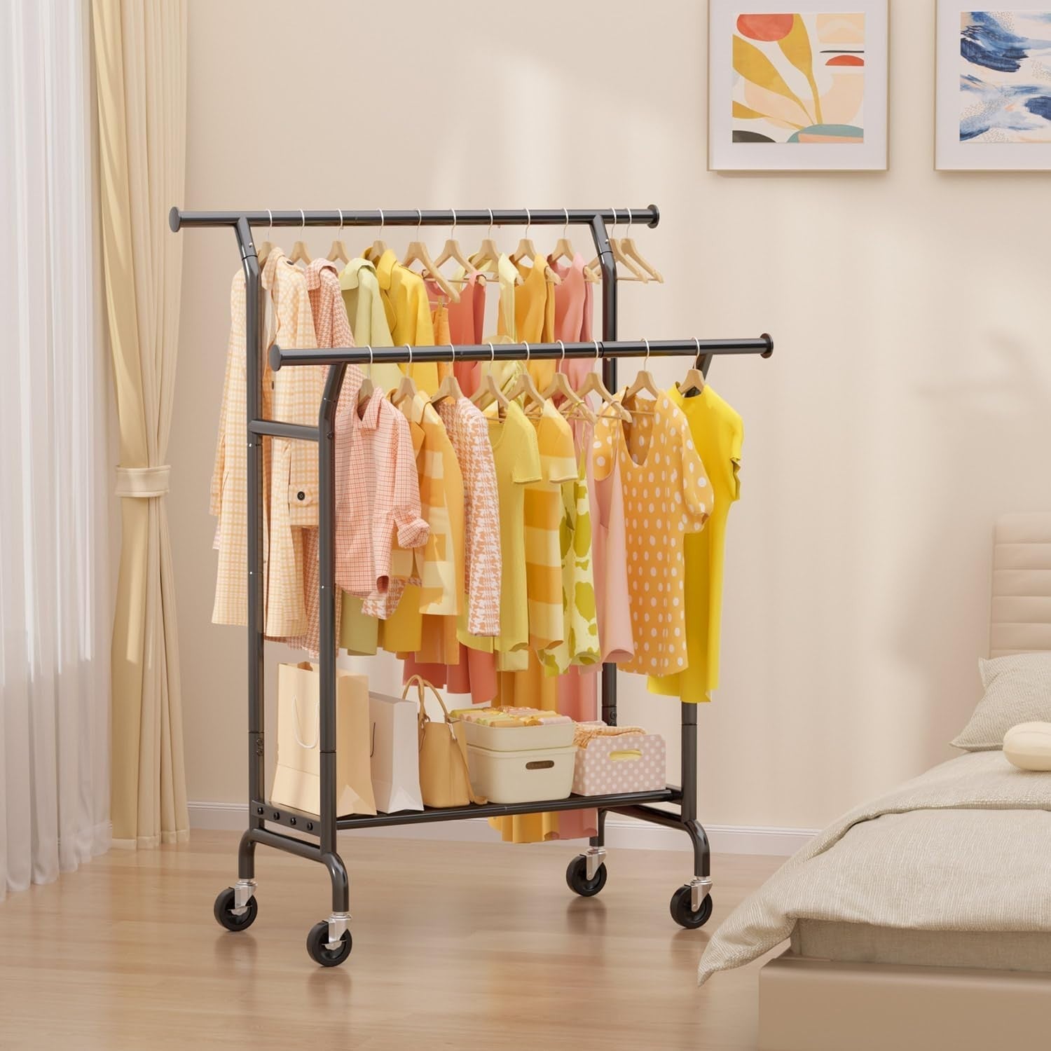 Heavy Duty Double Clothes Rail with Shelves & Wheels – Black