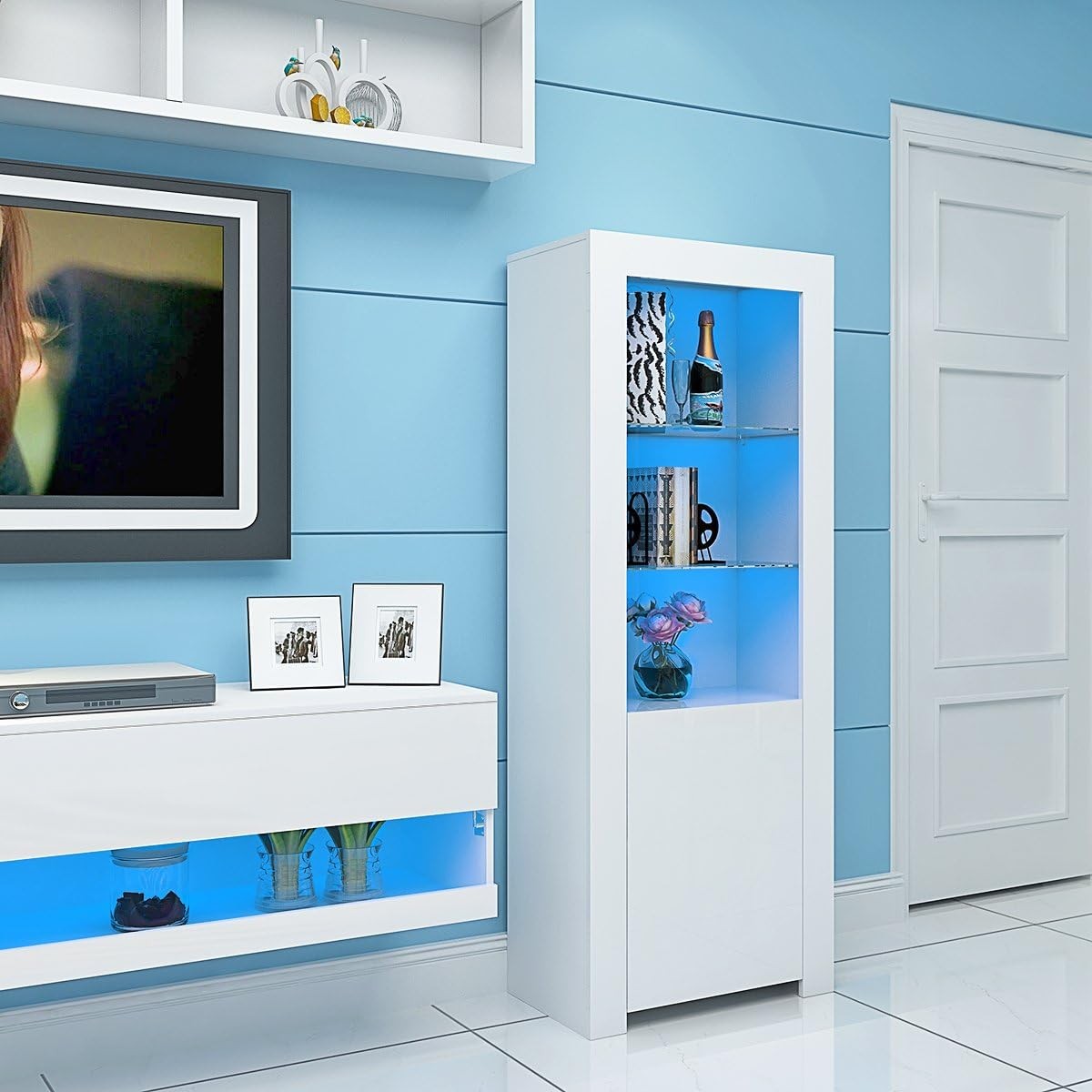 Tall LED Display Cabinet White High Gloss Glass Shelves Modern Storage Unit