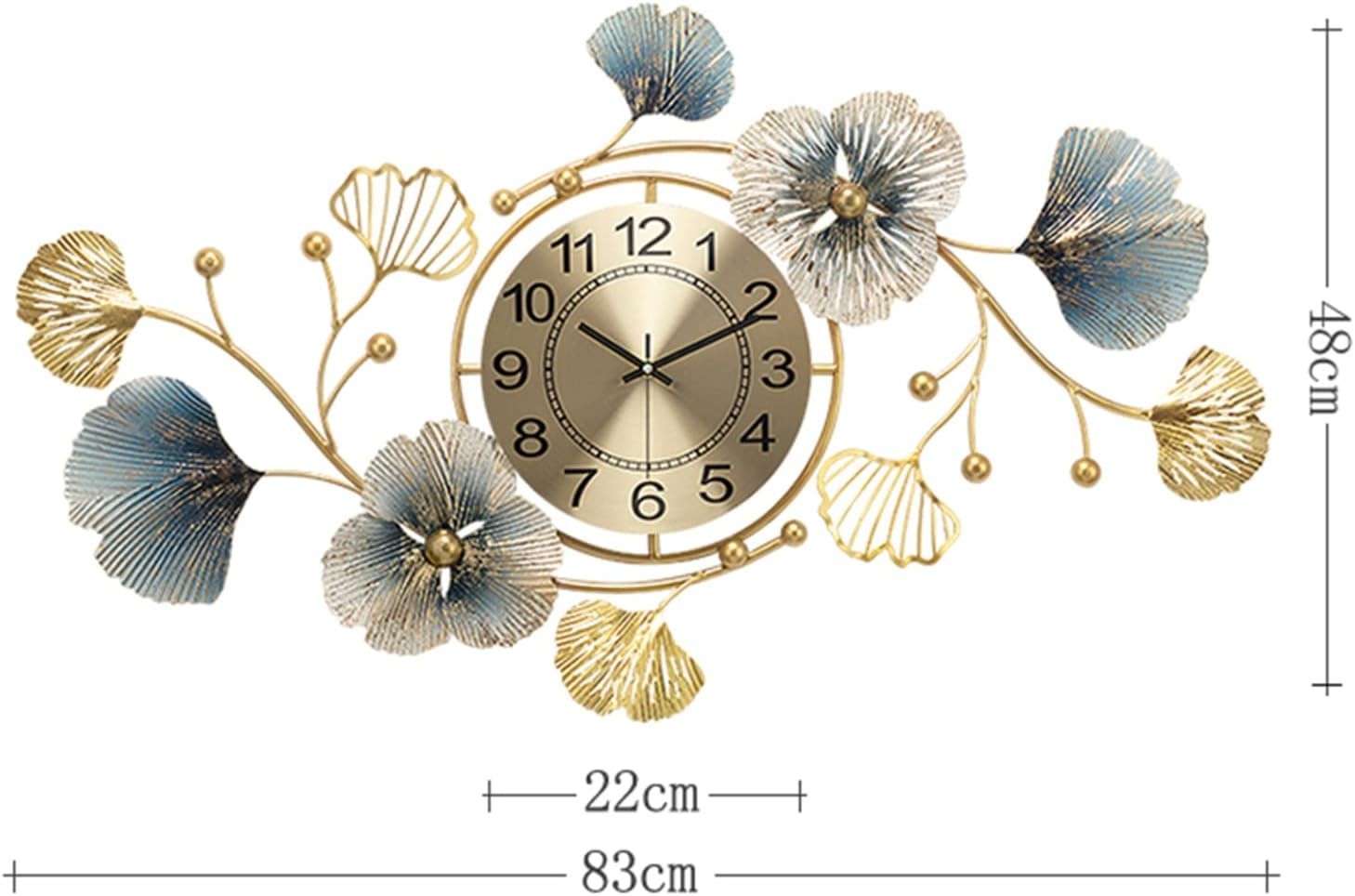 Large Silent Wall Clock Gold Ginkgo Leaf Art Decor Quartz 83x48cm