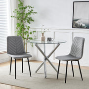 Compact Round Glass Dining Table with 2 Grey Velvet Chairs – Modern Set